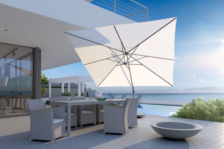parasol ogrodowy challenger T1 3 x 3 m kwadratowy z boczną nogą kolor biały luksusowe parasole ogrodowe Platinum