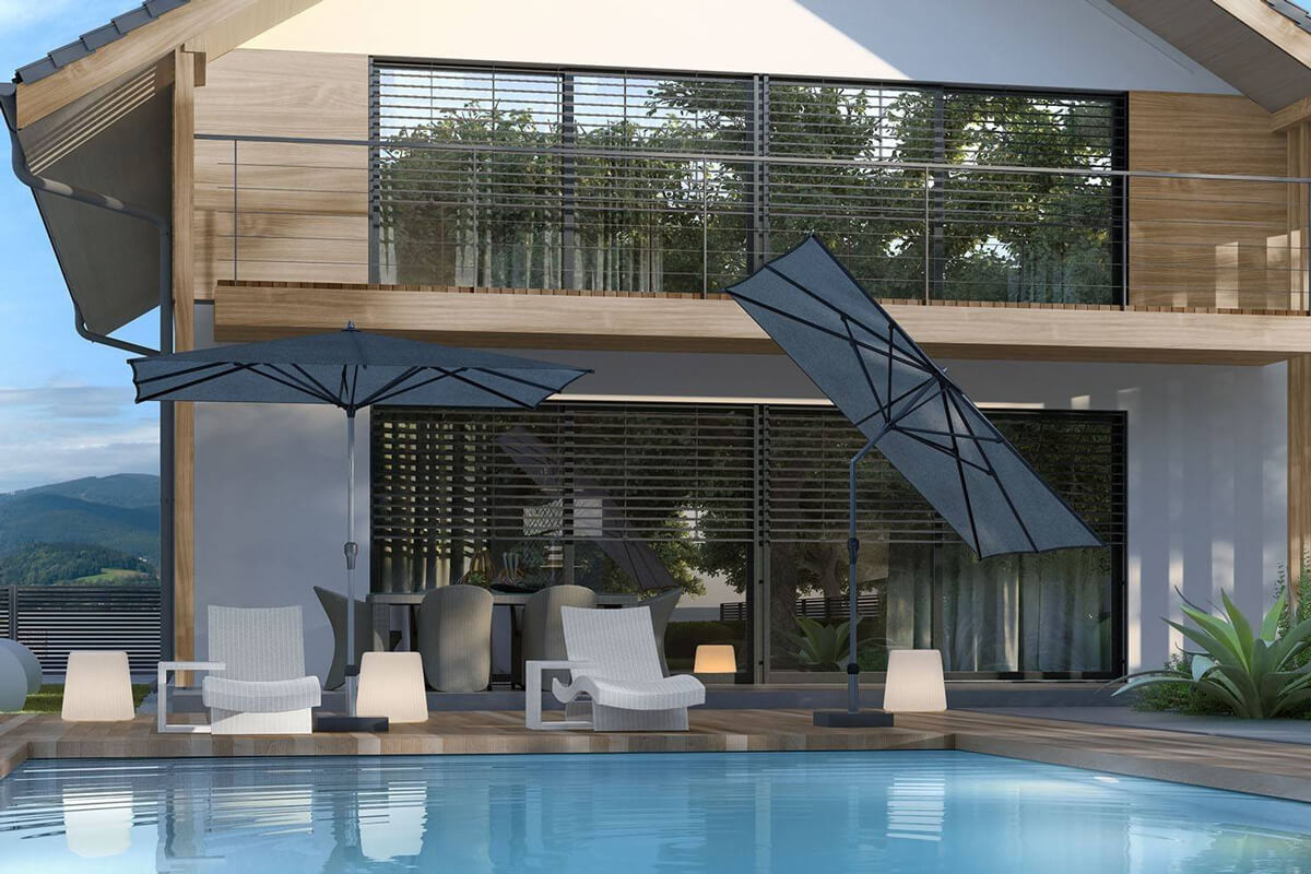 Parasol ogrodowy Riva 2.5 x 2.5 m kwadratowy z centralną nogą luksusowe parasole ogrodowe Platinum