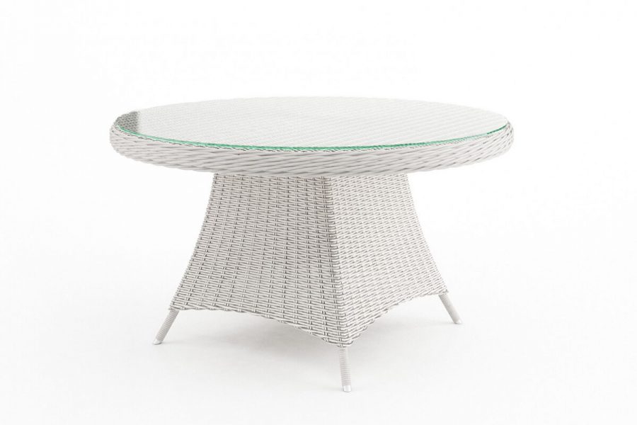 Rondo okrągły stół ogrodowy z technorattanu z blatem szklanym średnica 130 cm kolor biały Oltre