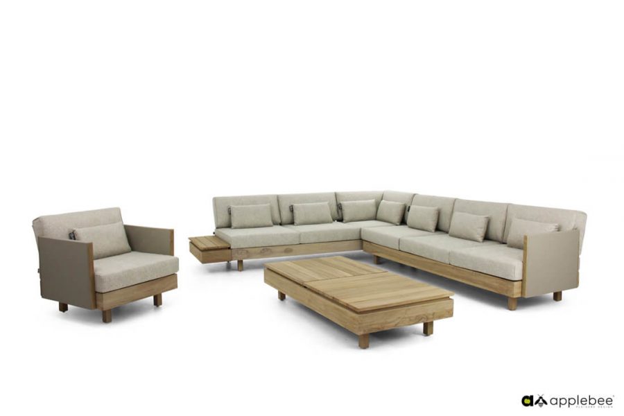 Moduł X Coastal meble ogrodowe tekowe - zestaw narożny ze stolikiem kawowym - propozycja konfiguracji zestawu - narożnik ogrodowy i fotel ogrodowy