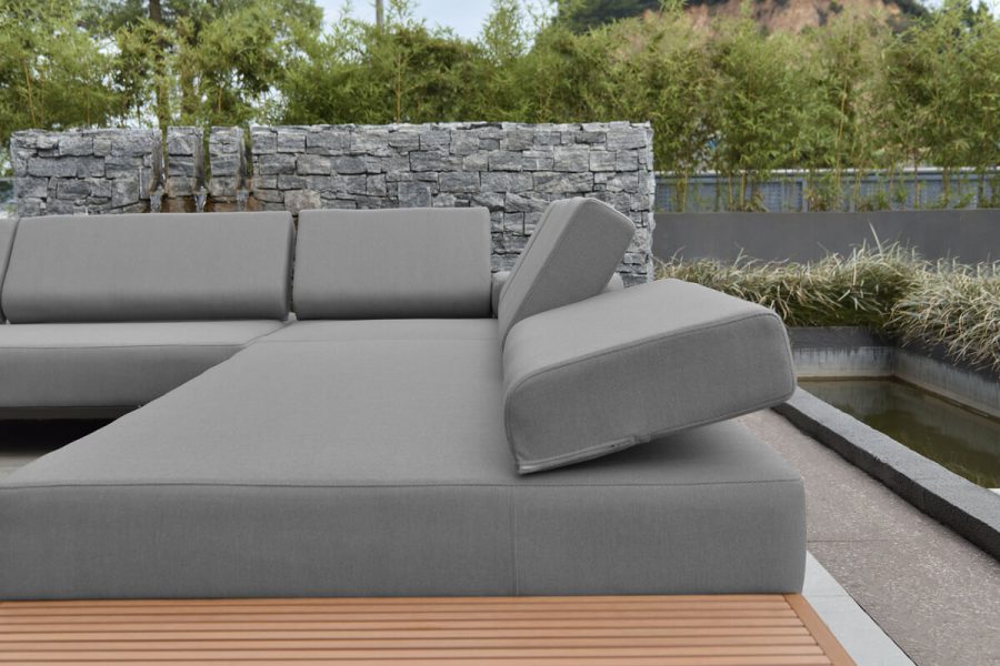 Salerno nowoczesny narożnik ogrodowy z aluminium oparcia regulowane poduszki Olefin szare Twoja Siesta