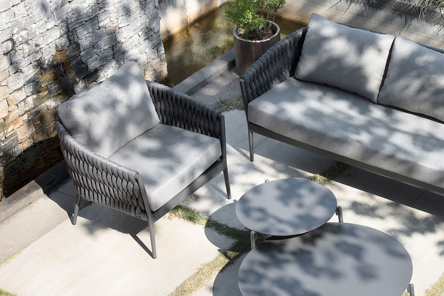 Veranzza nowoczesny zestaw wypoczynkowy ogrodowy sofa podwójna fotel ogrodowe stoliki kawowe Twoja Siesta aluminiowe meble ogrodowe