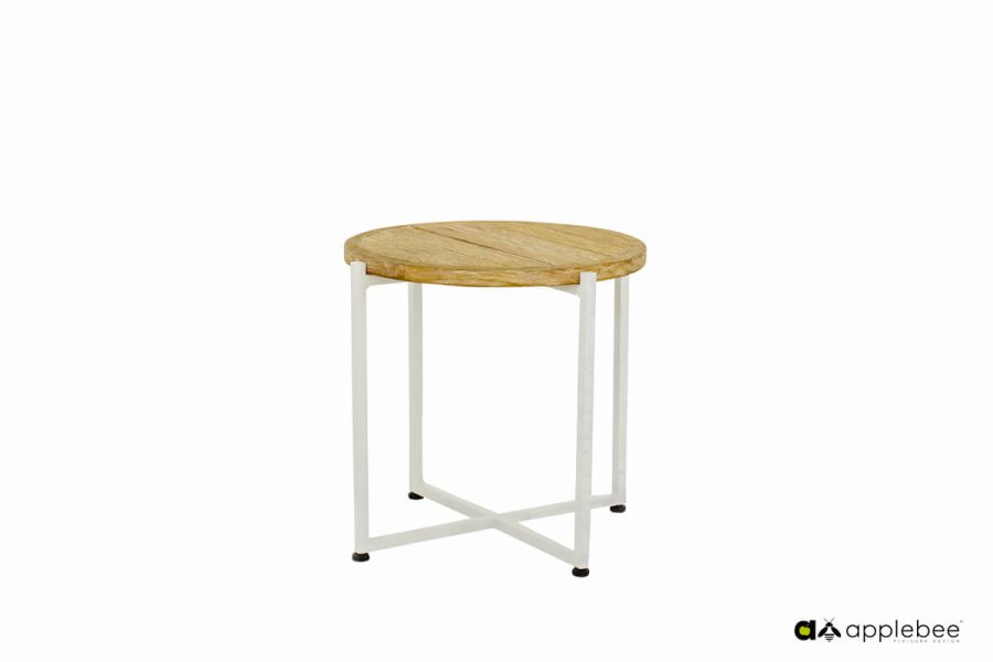 Milou biały stolik kawowy z blatem teakowym 3 rozmiary stolik z blatem drewnianym mały 34 cm Apple Bee designerskie meble ogrodowe