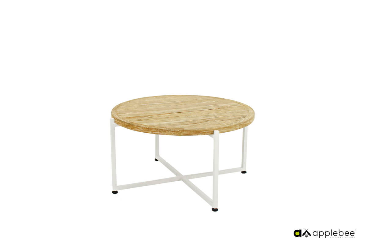 Milou biały stolik kawowy z blatem teakowym 3 rozmiary stolik z blatem drewnianym 54 cm Apple Bee designerskie meble ogrodowe