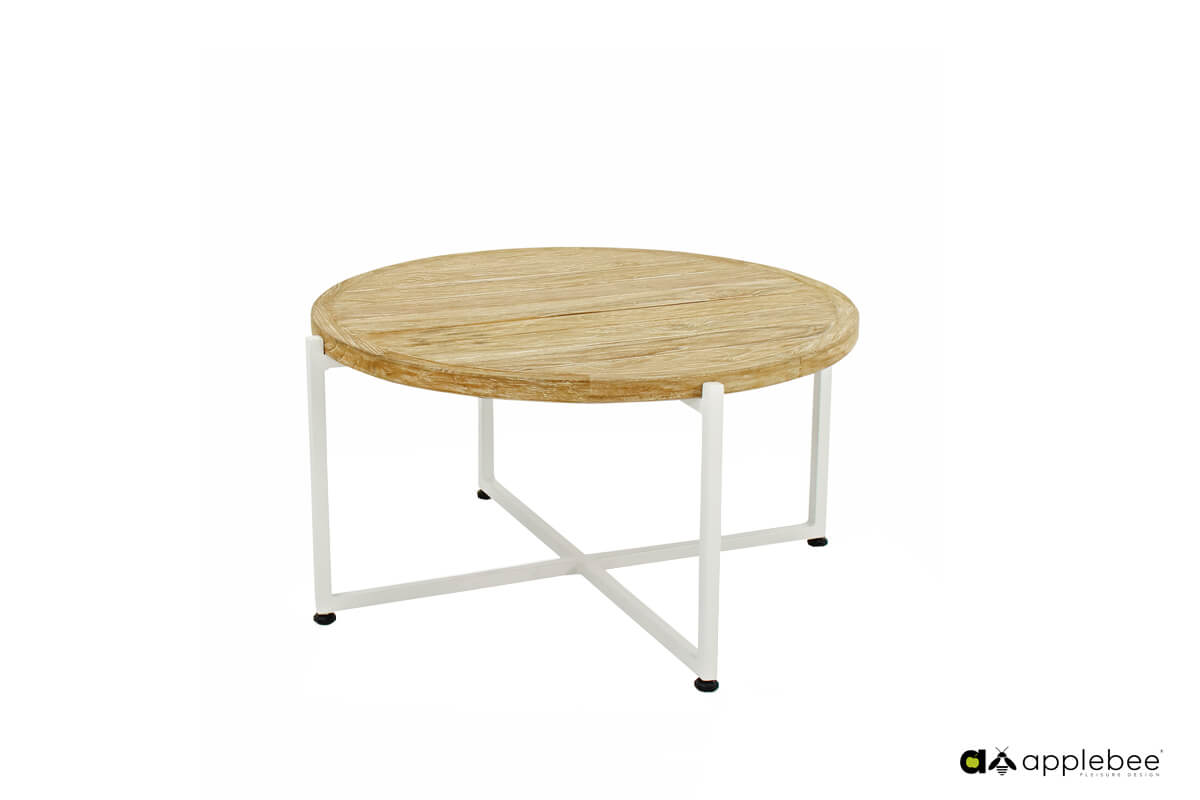 Milou biały stolik kawowy z blatem teakowym 3 rozmiary stolik z blatem drewnianym 74 cm Apple Bee designerskie meble ogrodowe