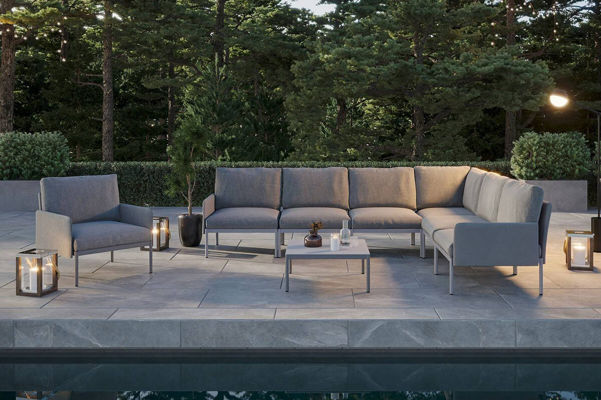 Arona 1 funkcjonalny zestaw mebli ogrodowych modułowych stolik kawowy kwadratowy fotele ogrodowe kolor szary Zumm luksusowe meble ogrodowe aluminiowe