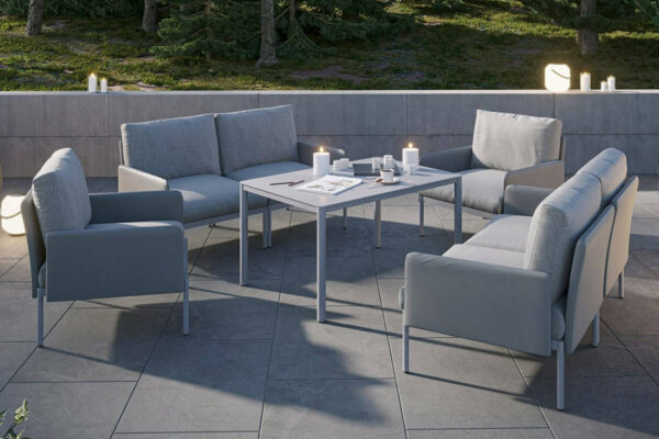Arona 2 zestaw mebli ogrodowych z wysokim stolikiem meble modułowe aluminiowe sofa fotele ogrodowe kolor szary Zumm Twoja Siesta nowoczesne meble ogrodowe