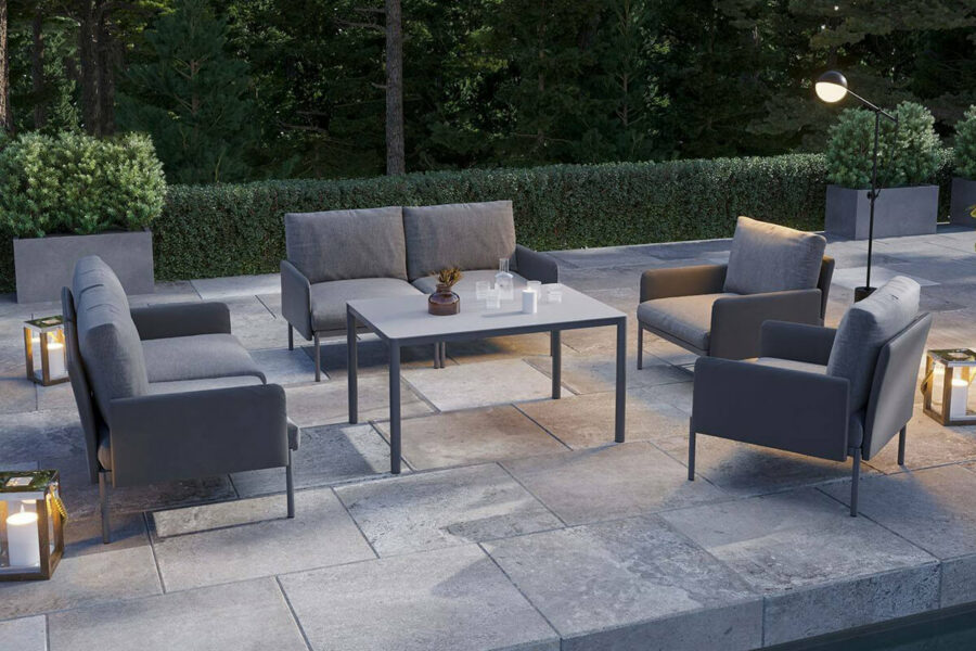 Arona 2 zestaw mebli ogrodowych z wysokim stolikiem sofa fotele ogrodowe kolor antracytowy meble modułowe aluminiowe Zumm Twoja Siesta nowoczesne meble ogrodowe