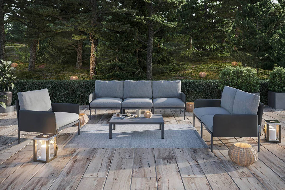 Arona 3 zestaw ogrodowy modułowy aluminium kolor antracytowy sofa ogrodowa fotel stolik kawowy prostokątny Zumm nowoczesne meble ogrodowe