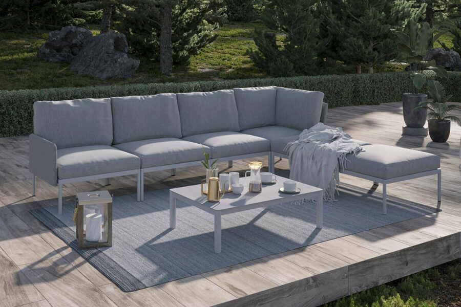 Arona 3 zestaw ogrodowy modułowy aluminium kolor szary sofa ogrodowa fotel stolik kawowy prostokątny Zumm nowoczesne meble ogrodowe
