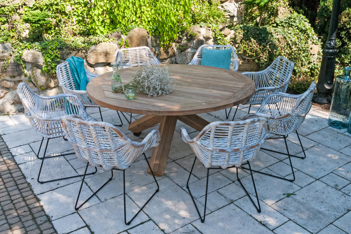 Bordeaux okrągły teakowy stół ogrodowy stół drewniany teak krzesła ogrodowe Vimine