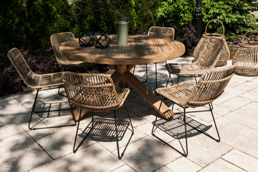 Bordeaux okrągły teakowy stół ogrodowy stół drewniany teak krzesła rattanowe Vimine