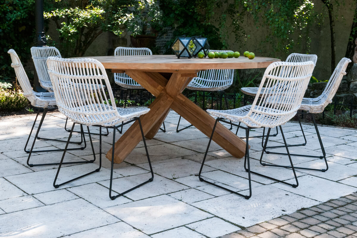 Bordeaux okrągły teakowy stół ogrodowy stół drewniany teak krzesła ogrodowe rattan Vimine