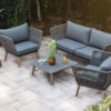 Corfu 3 elegancki zestaw wypoczynkowy do ogrodu sofa ogrodowa kwadratowy stolik wygodne fotele ogrodowe SUNS Zumm luksusowe meble ogrodowe