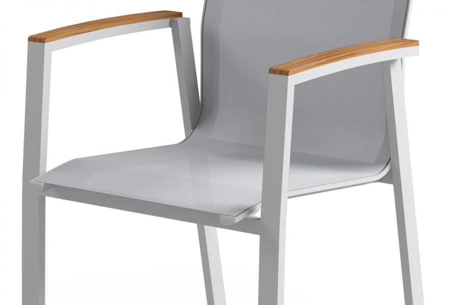 Leon nowoczesne krzesło ogrodowe aluminium podłokietniki drewno teakowe jasnoszare tkanina Zumm