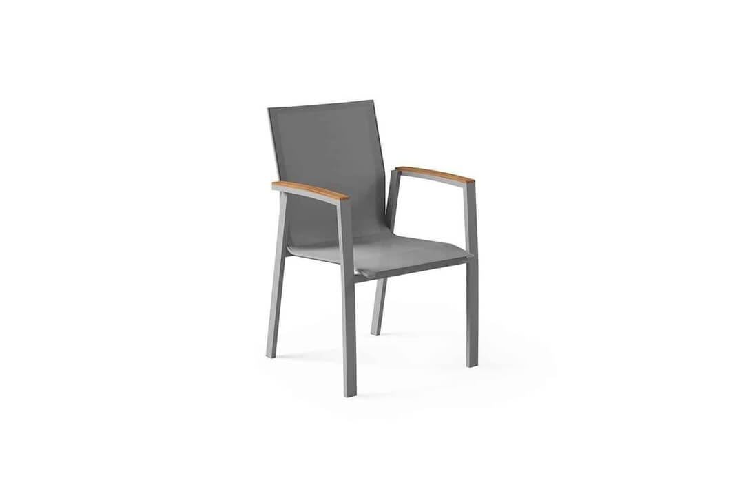 Leon nowoczesne krzesło ogrodowe aluminium podłokietniki teak szare siatka Zumm