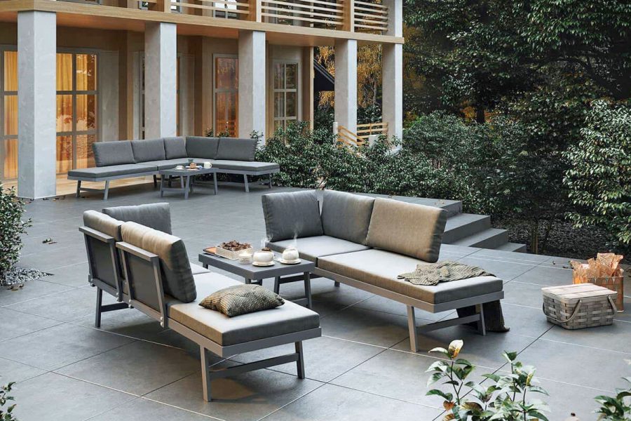 Masca funkcjonalny zestaw ogrodowy aluminium szare sofy ogrodowe stolik kawowy Zumm