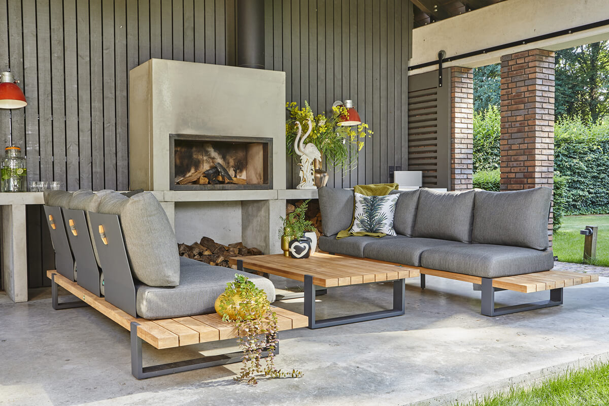 Nardo 2 narożny zestaw wypoczynkowy drewno teakowe aluminium kolor antracytowy tapicerka Sunproof sofy ogrodowe trzy osobowe Suns