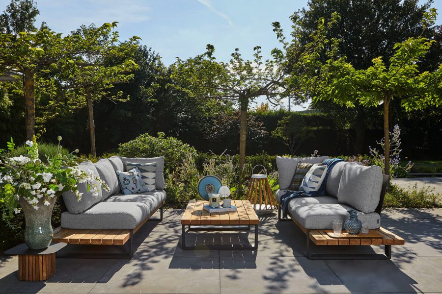 Nardo 3 ogrodowy zestaw wypoczynkowy drewno teakowe aluminium sofy ogrodowe potrójne tapicerka szara Suns