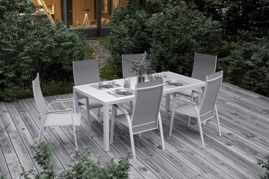 Oviedo nowoczesny stół ogrodowy aluminium szkło kolor biały szklany blat krzesła ogrodowe Zumm