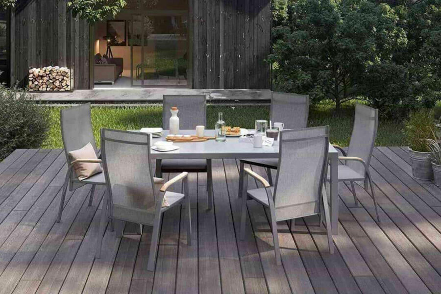 Oviedo nowoczesny stół ogrodowy aluminium szkło kolor szary szklany blat krzesła ogrodowe Zumm