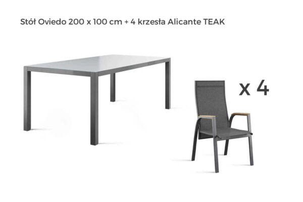 Oviedo zestaw ogrodowy stołowy 4-6 osób stół ogrodowy 4 krzesła ogrodowe kolor antracyt drewno teak Zumm