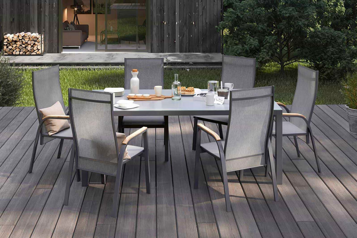 Oviedo zestaw ogrodowy stołowy 4-6 osób stół ogrodowy 6 krzeseł ogrodowych kolor antracyt drewno teak Zumm