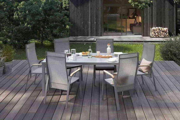 Oviedo zestaw ogrodowy stołowy 4-6 osób stół ogrodowy 6 krzeseł ogrodowych kolor szary drewno teak Zumm