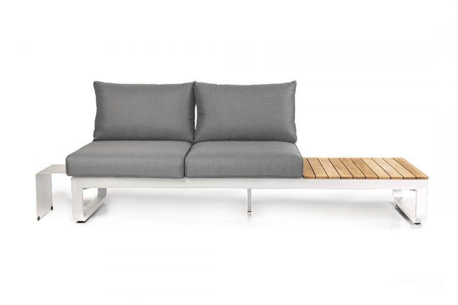 Parma nowoczesny narożnik ogrodowy z aluminium 6 osobowy sofa ogrodowa boczny stolik białe aluminium drewno teakowe Suns