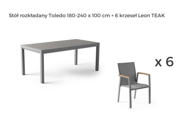 Toledo Leon zestaw ogrodowy stołowy 4-8 osób stół ogrodowy aluminium Toledo 6 krzeseł ogrodowych Leon teak kolor szary Zumm