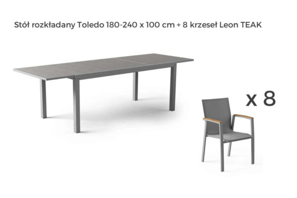 Toledo Leon zestaw ogrodowy stołowy 4-8 osób stół ogrodowy aluminium Toledo 8 krzeseł ogrodowych Leon teak kolor szary Zumm