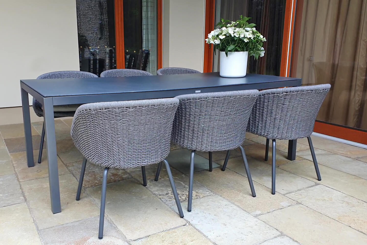 Bergen zestaw ogrodowy stołowy dla 6 osób stół krzesła ogrodowe pleciona szara lina aluminium Twojasista luksusowe meble ogrodowe