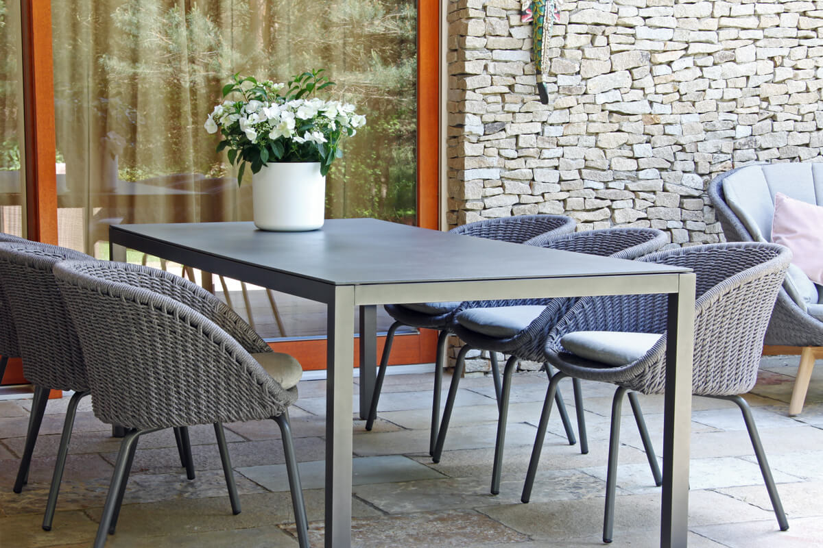 Bergen zestaw ogrodowy stołowy dla 6 osób stół ogrodowy blat szklany antracyt krzesła szara lina Twojasista luksusowe meble ogrodowe
