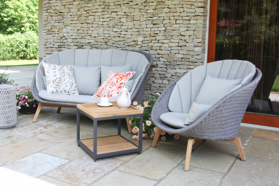 Cologne Winter nowoczesny zestaw tarasowy sofa ogrodowa fotel stolik drewno teakowe aluminium lina Doble poduszka ogrodowa Twoja Siesta luksusowe meble ogrodowe
