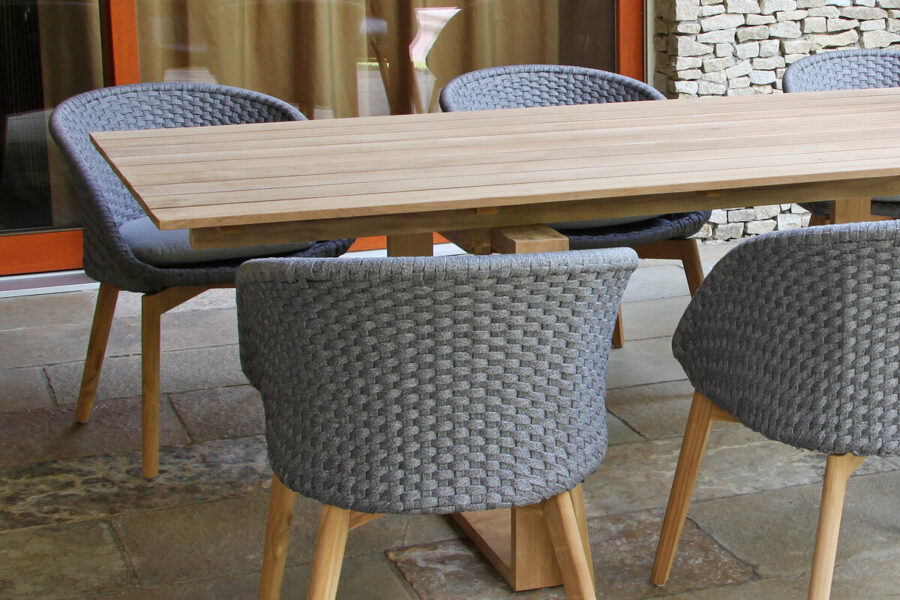 Cologne Winter ogrodowy zestaw stołowy stół do ogrodu drewniany teak plecione krzesła lina Twojasiesta designerskie meble ogrodowe