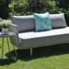 Coma Club meble ogrodowe wypoczynkowe sofa ogrodowa podwójna prawy podłokietnik jasnoszara lina aluminium poduszka Doble turkusowe pióra Twojasiesta luksusowe meble ogrodowe
