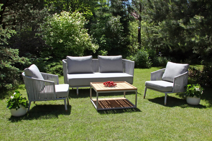 Coma Garden eleganckie meble ogrodowe aluminium lina jasnoszara sofa podwójna ogrodowa fotel stolik Twoja Siesta luksusowe meble tarasowe