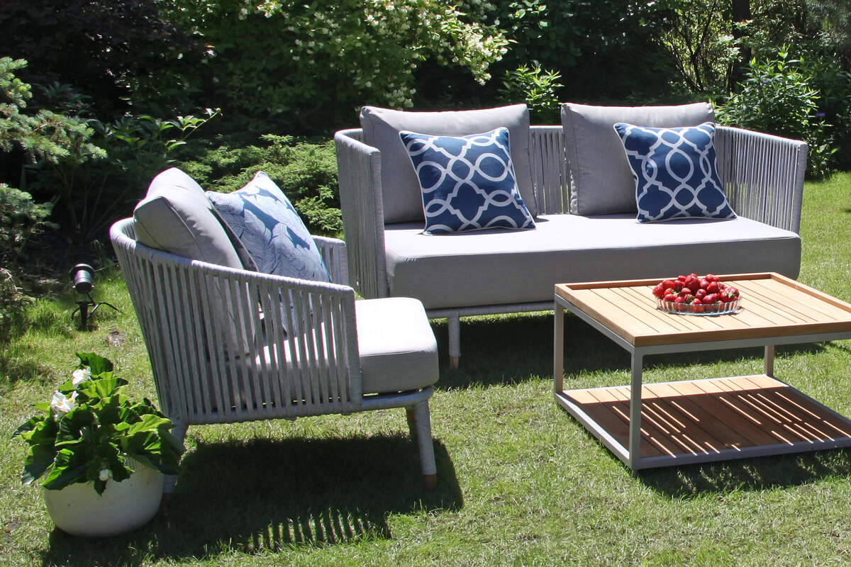 Coma Garden eleganckie meble ogrodowe aluminium lina jasnoszare sofa podwójna ogrodowa fotel Twoja Siesta luksusowe meble ogrodowe