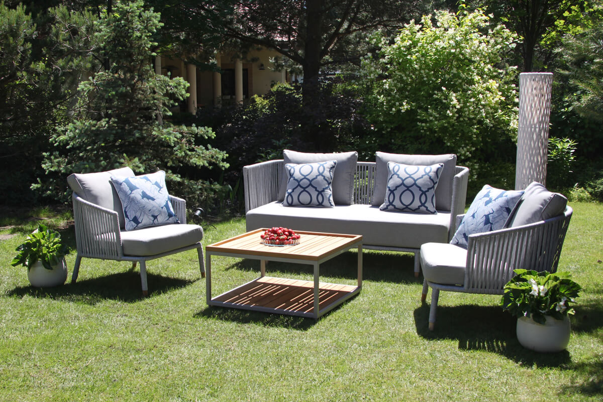 Coma Garden eleganckie meble ogrodowe aluminium stolik sofa fotele Twoja Siesta lampa ogrodowa oduszki ozdobne Doble Twoja Siesta luksuowe meble tarasowe