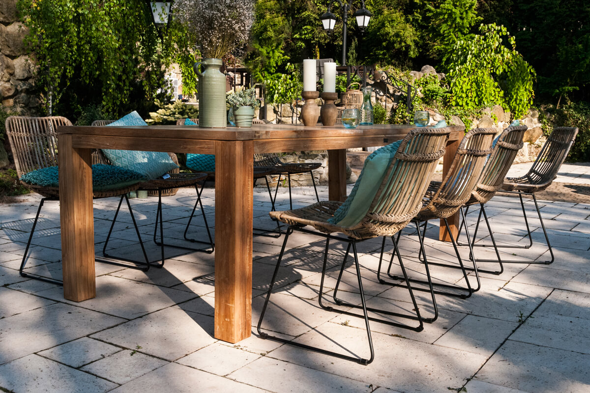 Dinan krzesło ogrodowe rattanowe naturalny rattan na płozach stół ogrodowy teakowy prostokątny Vimine
