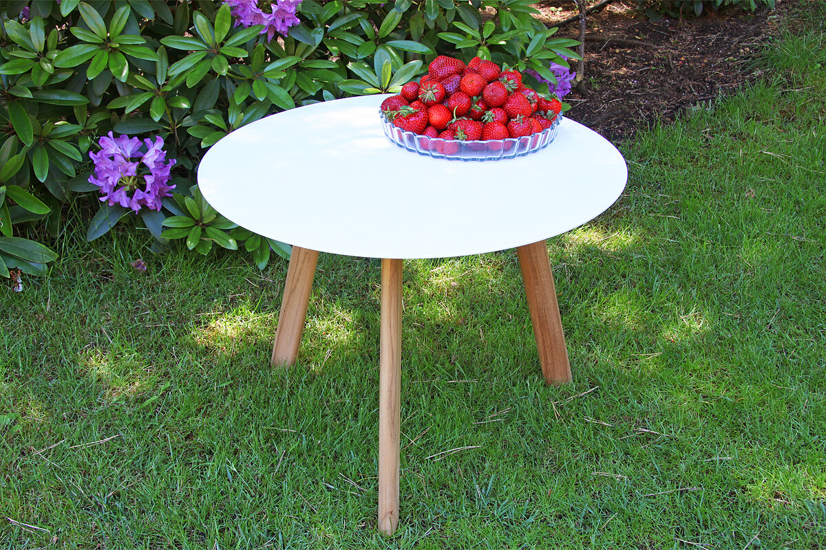 Ille nowoczesny stolik kawowy drewno teakowe aluminium biały Twojasiesta luksusowe meble ogrodowe