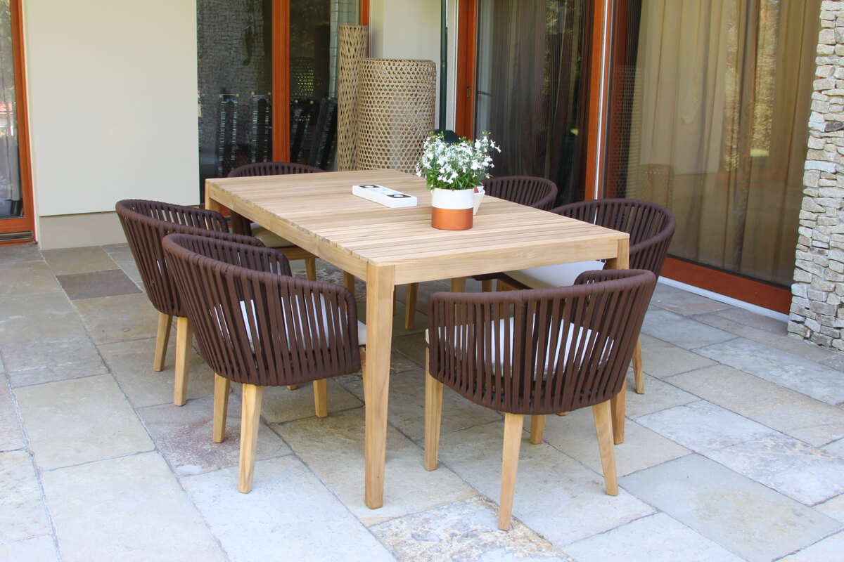 Manacor elegancki zestaw obiadowy na taras 6 osobowy stół teakowy krzesła ogrodowe Twojasiesta eleganckie meble tarasowe