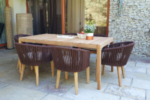 Manacor elegancki zestaw obiadowy na taras 6 osobowy stół teakowy krzesła ogrodowe Twojasiesta luksusowe meble na taras