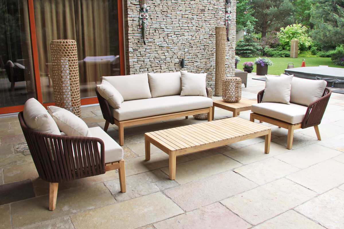 Manacor meble ogrodowe komplet wypoczynkowy sofa 2 osobowa fotele ogrodowe stoliki kawowe lampy ogrodowe Twojasiesta luksuowe meble ogrodowe
