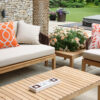 Manacor meble ogrodowe komplet wypoczynkowy sofa podwójna fotel stolik teak poduszki ozdobne Doble łososiowe liście rozeta Twojasiesta luksusowe meble ogrodowe