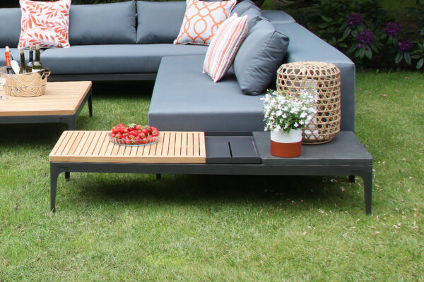 Minori modułowe meble ogrodowe stolik kawowy długi drewno teak kamień aluminium Twojasiesta luksusowe meble ogrodowe