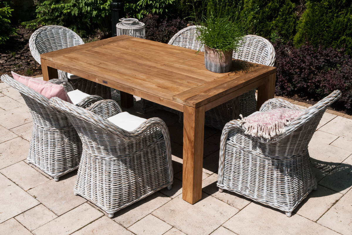 Nimes prostokątny teakowy stół ogrodowy 180 cm 6 osób stół drewniany fotele ogrodowe Vimine