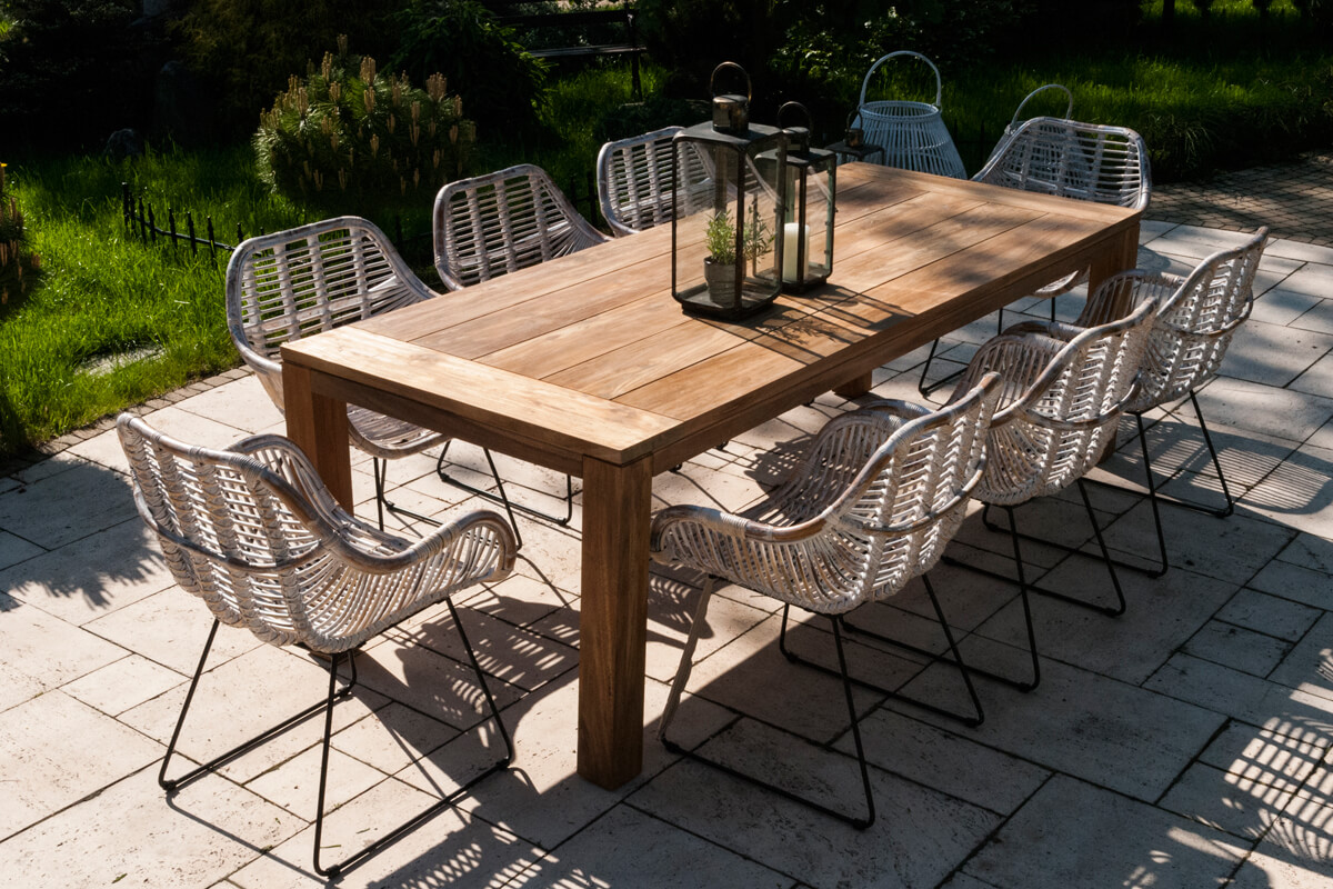 Nimes prostokątny teakowy stół ogrodowy 240 cm 8 osobowy stół drewniany krzesła ogrodowe Vimine