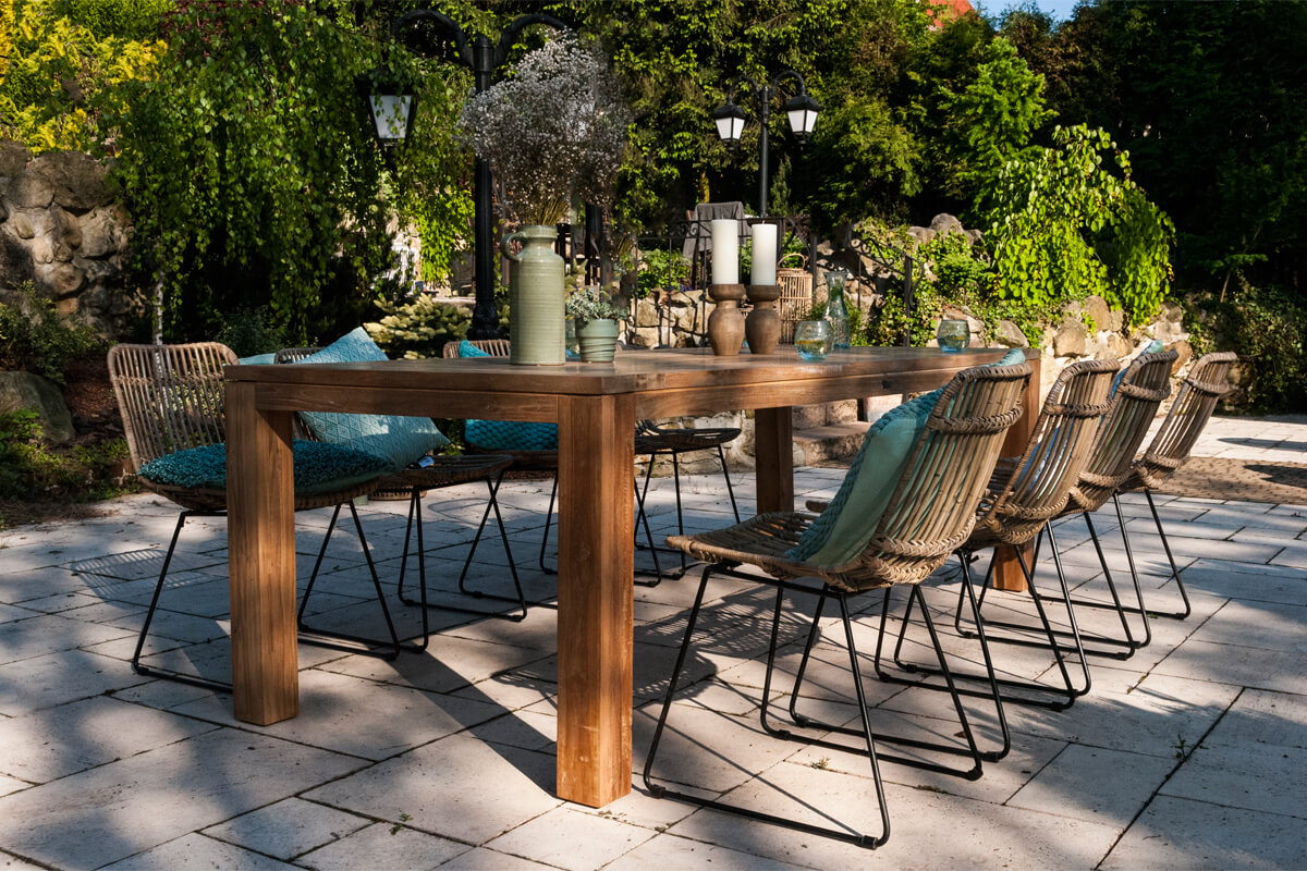 Nimes prostokątny teakowy stół ogrodowy 8 osób stół drewniany krzesła ogrodowe Vimine