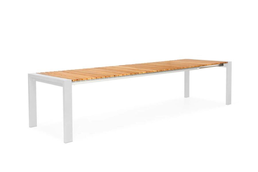 Rialto stół ogrodowy rozkładany aluminium drewno teak kolor biały rozsuwany Suns